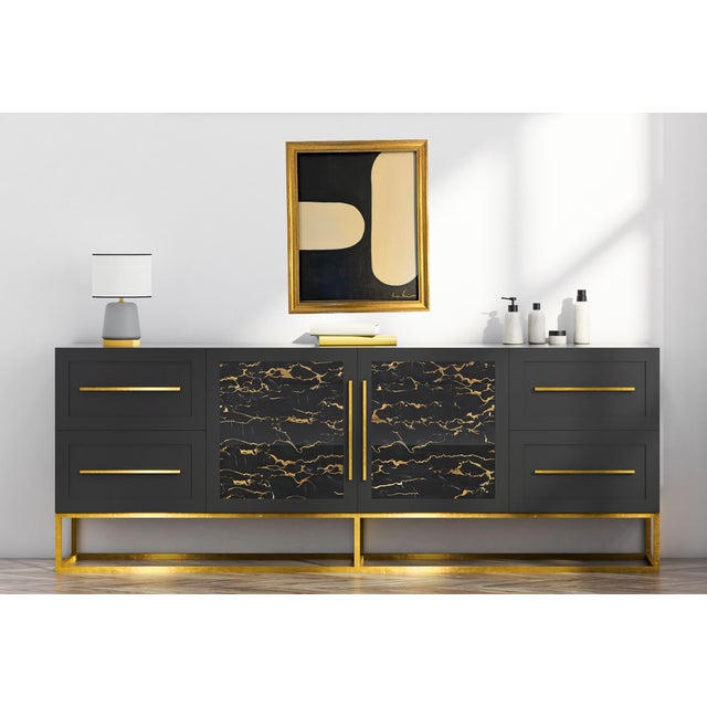 Bryan Boomershine, original abstract Mid-Century Inspired Painting in cream and black with a gold frame. This painting...