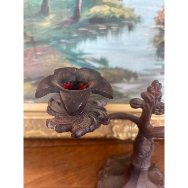 Possibly 19th Century Ornate Cast Iron Double-Arm Candelabrum With Floral Bobeches and Scroll Base. For Sale - Image 9 of 9