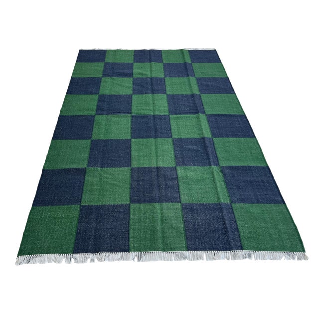 Textile Handmade Woolen Flat Weave Rug, Forest Green and Greyish Blue Checker Board Dhurrie - 5'x8' For Sale - Image 7 of 12