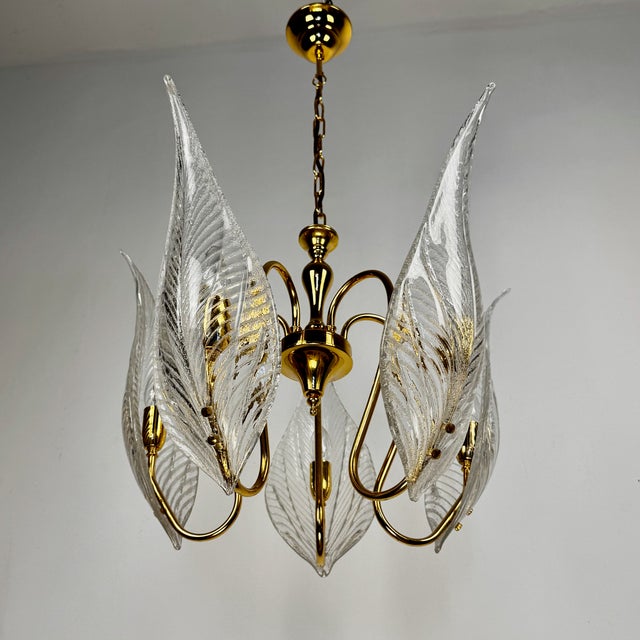 Large Brass and Murano Glass Leaves Chandelier, Italy, 1980s For Sale - Image 11 of 11
