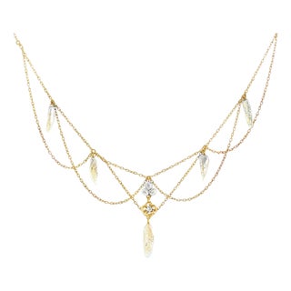 Early 20th Century Art Nouveau 15k Yellow Gold Natural Pearl Festoon Necklace For Sale