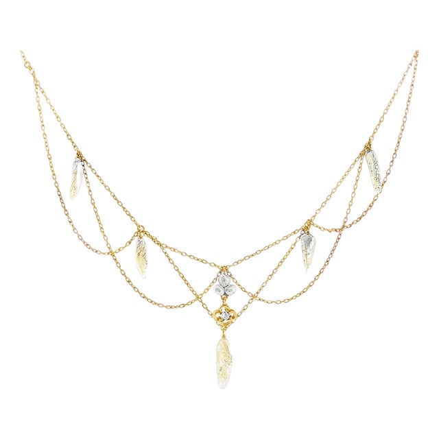 Early 20th Century Art Nouveau 15k Yellow Gold Natural Pearl Festoon Necklace For Sale