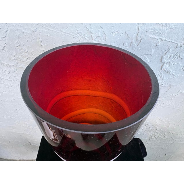 Vintage Polish Cranberry Red Art Glass Vase With Frosted Bands, Mid-Century Modern For Sale In Orlando - Image 6 of 9