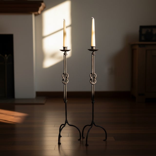 Hand Forged Iron Floor Candelabra (110cm) Hercules Knot Double Stem – Antique Copper or Gold Finish For Sale - Image 12 of 17
