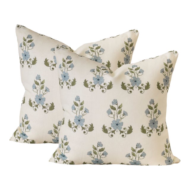 A Pair of Lauren Servati Textiles, Unfading Flower // Bluebell Pillows, 22"x22" For Sale