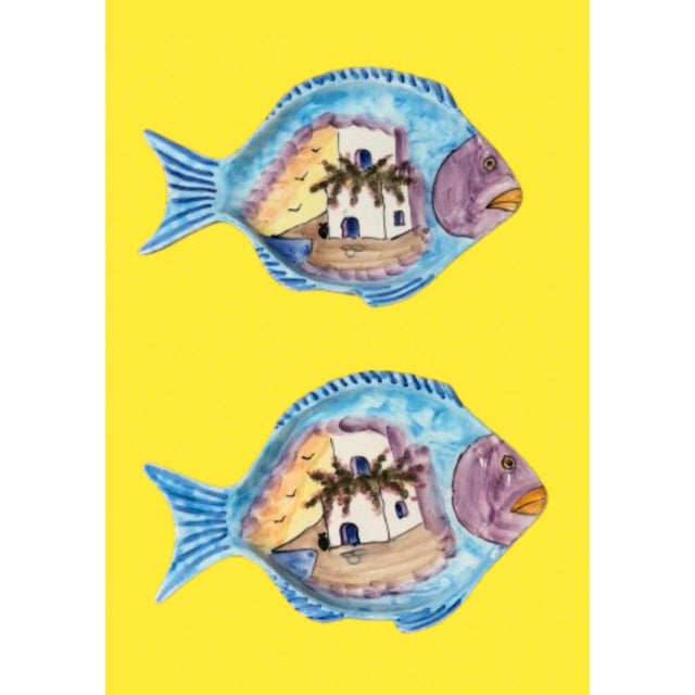Nautical Vintage Mediterranean Hand Painted Ceramic Fish Shaped Platters - A Pair For Sale - Image 3 of 11