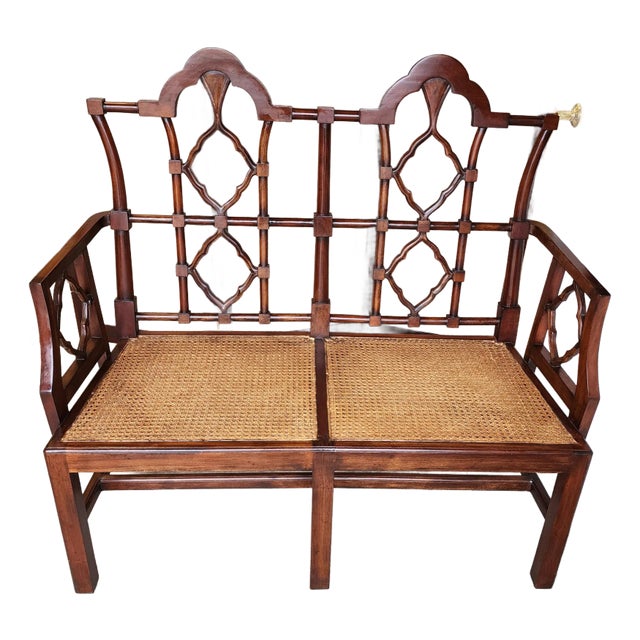 Late 20th Century Chinese Chippendale Style Caned Bench Settee For Sale