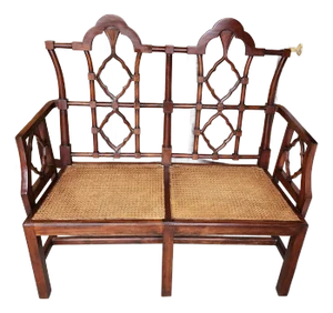 Late 20th Century Chinese Chippendale Style Caned Bench Settee