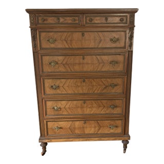 1920s French Louis XVI Style Tall Chest With Book Matched Walnut Veneer and Brass Accents For Sale