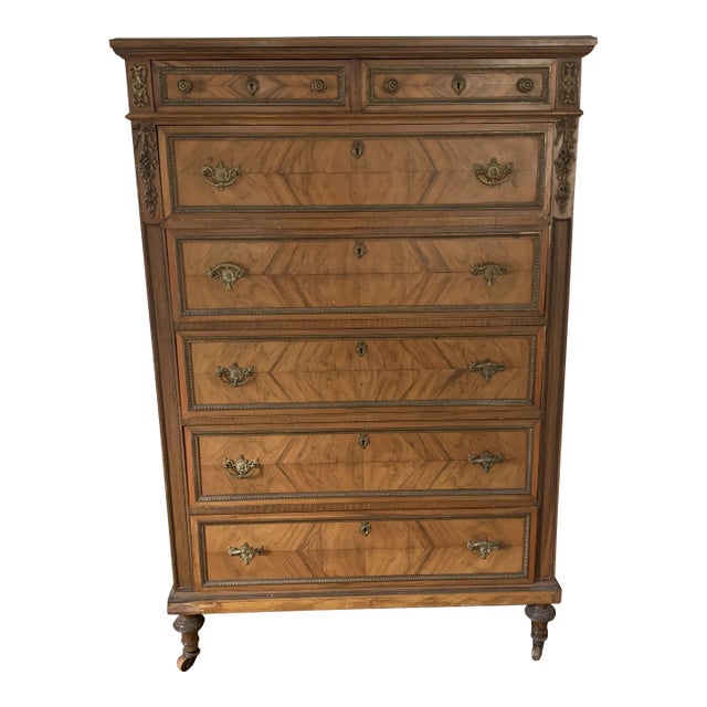 1920s French Louis XVI Style Tall Chest With Book Matched Walnut Veneer and Brass Accents For Sale