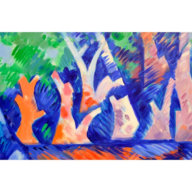 Vibrant modernist abstract geometric landscape of trees by the water with reflections by Erle Loran (American, 1905-1999)....