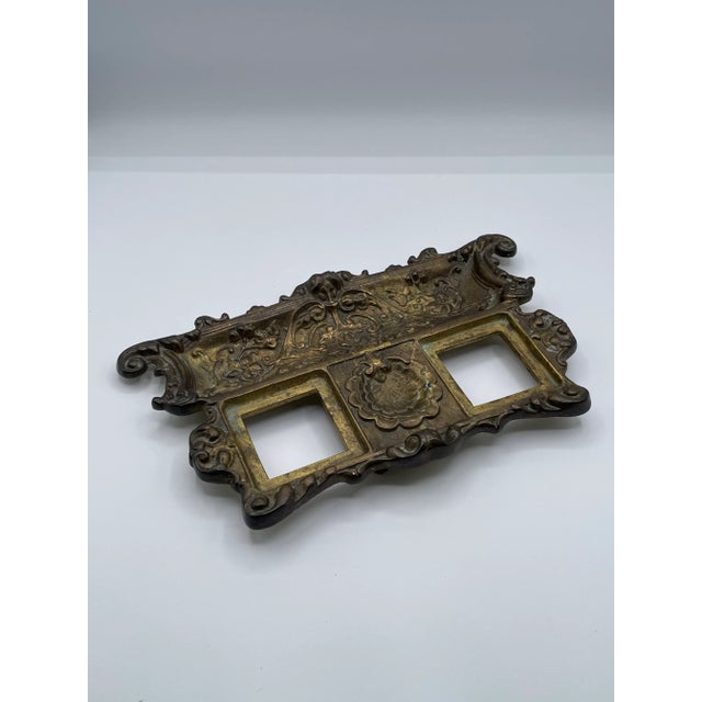 Antique Victorian Double Inkwell Desk Set – Glass Bottles With Brass Lids & Ornate Stand For Sale In Naples, FL - Image 6 of 7