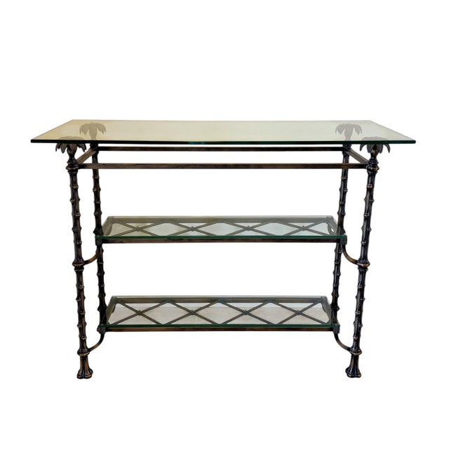 Hollywood Regency Bronzed Metal Faux Bamboo Console Table With Palm Tree Finials For Sale - Image 4 of 12
