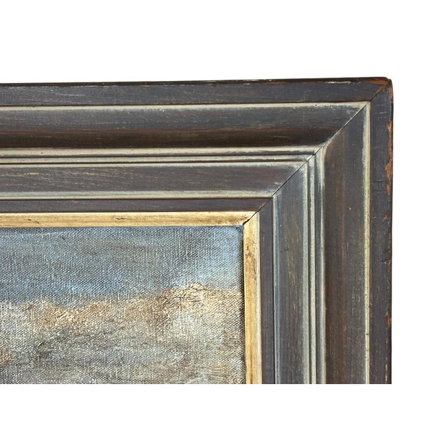 Dove Gray Original Winter Farm Landscape Oil Painting in Carved Wood Frame | Snow Covered Country Scene For Sale - Image 8 of 9