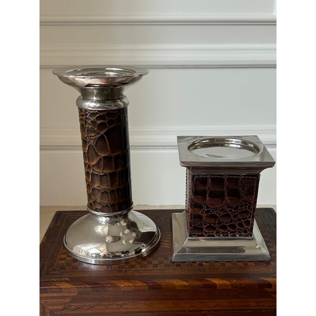 Vintage 8” Leather and Silverplate Ralph Lauren Style Candleholder For Sale - Image 15 of 18
