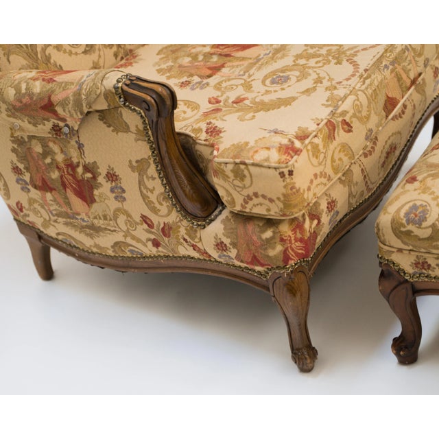 Early 20th Century Early 20th Century Antique French Country Louis XV Style Carved Oak Bergere Wingback Chairs Pair For Sale - Image 5 of 15