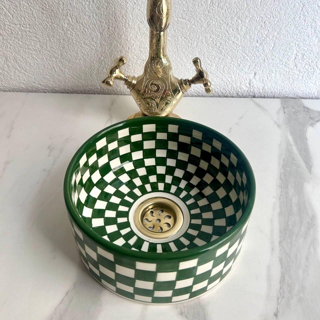 Green Bohemian Check Paint Vessel Sink with Brass Drain For Sale - Image 4 of 8