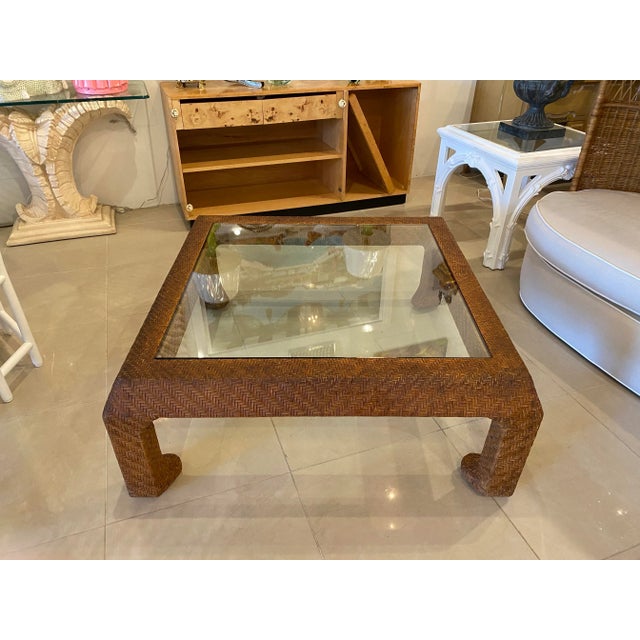 Hollywood Regency Vintage Scroll Ming Legs Braided Leather Wicker Glass Top Coffee Cocktail Table For Sale - Image 3 of 13