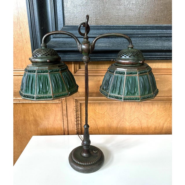 Early 20th Century Rare Green Linenfold Double Student Table Lamp Tiffany Studio For Sale - Image 5 of 18