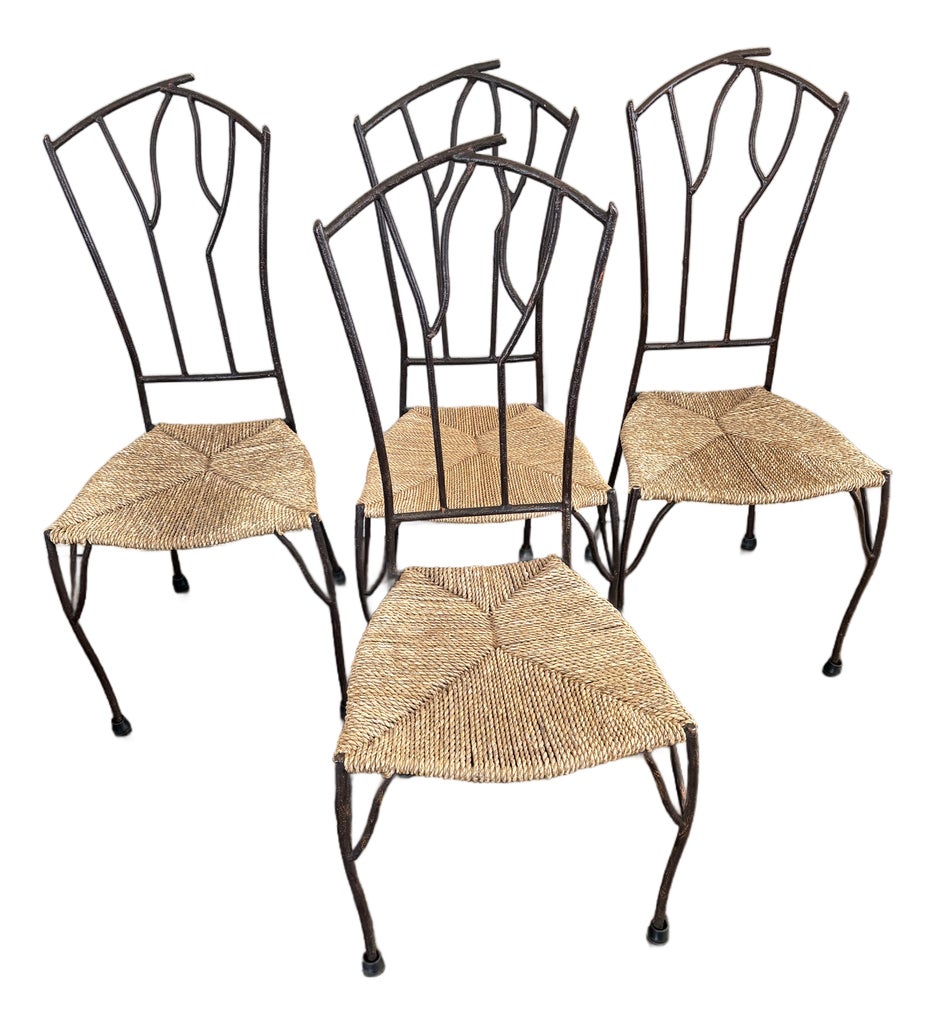Set of Four Vintage Faux Bois Twig Iron Chairs With Woven Seats