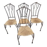 Set of Four Vintage Faux Bois Twig Iron Chairs With Woven Seats For Sale