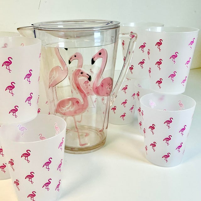 Plastic Vintage Coastal Boho Chic Flamingo Poolside Lucite Acrylic Pitcher & Plastic Glasses - Set of 13 For Sale - Image 7 of 14