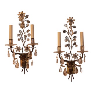 C1890 Maison Bagues Rock Crystal Flower Petal Form Gilt Metal Base Sconces- A Pair For Sale