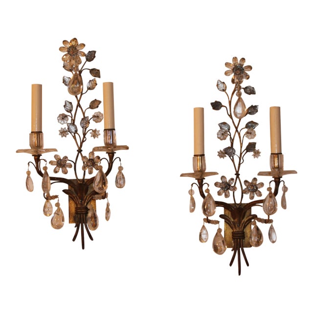 Exceptional Maison Bagues France Rock Crystal Floral Two-Light Wall Sconces a - Pair For Sale