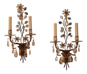 Exceptional Maison Bagues France Rock Crystal Floral Two-Light Wall Sconces a - Pair