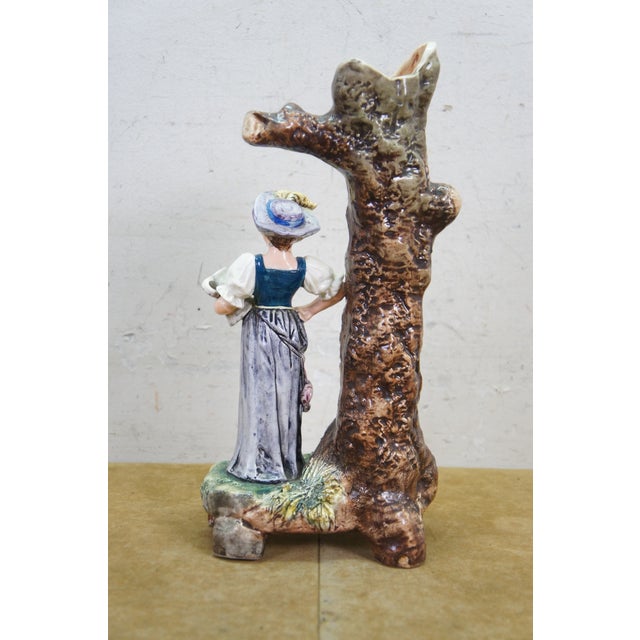Antique Continental Majolica Figural Spill Vase Pheasant Woman Tree Trunk Figure For Sale - Image 6 of 12