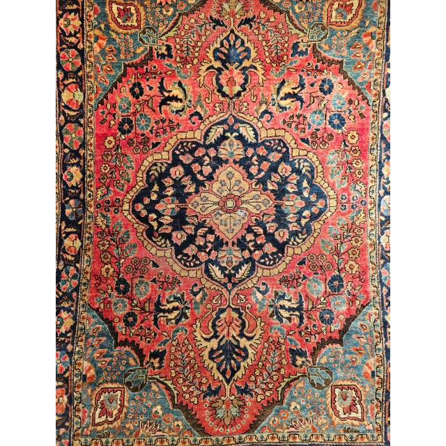 Textile Vintage Persian Sarouk Area Rug, Handwoven Floral Design, Red & Turquoise, 4’ X 5’ For Sale - Image 7 of 12