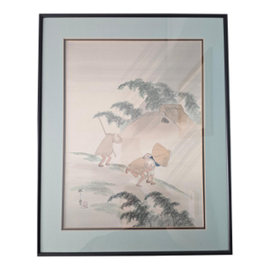 Vintage Japanese Silk Painting Signed Shoun, Travelers in Rain Nihonga Watercolor, Japandi Wall Art, Zen Landscape Decor