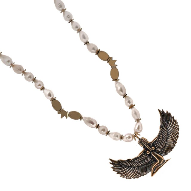 Textile Teardrop Pearl Magical Goddess Isis Pendant Beaded Necklace For Sale - Image 7 of 9