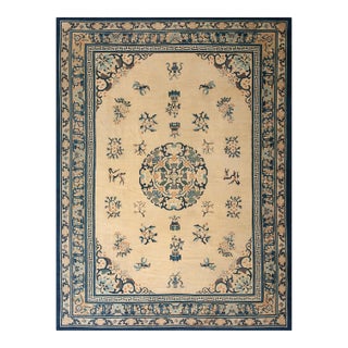 1920s Beige Floral Medallion Antique Chinese Peking Rug 9' X 11'9" Handknotted Wool Carpet For Sale