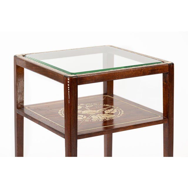 Antique French Art Nouveau Handpainted Mahogany Small Wood & Glass Side Table For Sale - Image 4 of 11