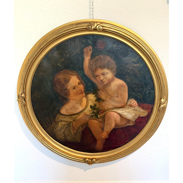 This exceptionally charming antique Continental oil painting depicts an intimate and tender scene of a mother with her...