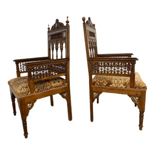 Antique Moorish Syrian Inlaid Arabesque Pair of Armchairs Circa 1900 For Sale