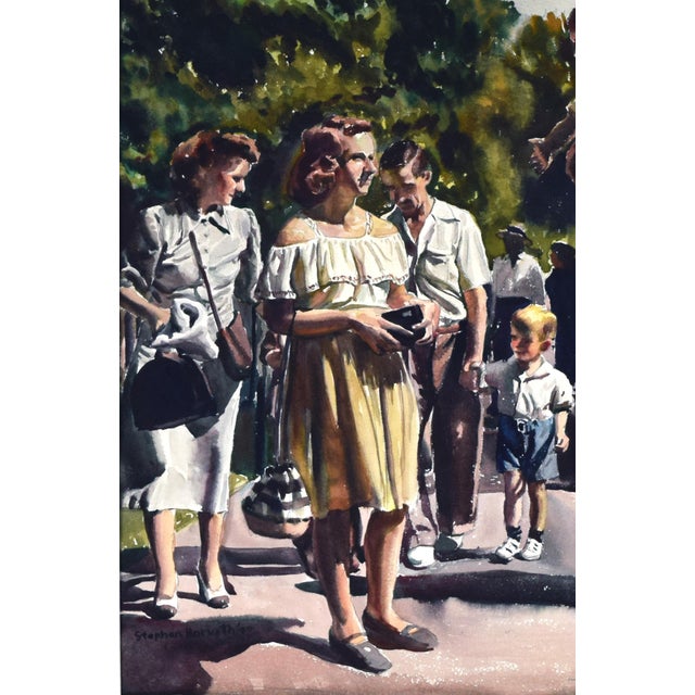 Large Watercolor Painting of People Walking in Park by Stephen Horvath 1949 For Sale - Image 4 of 7