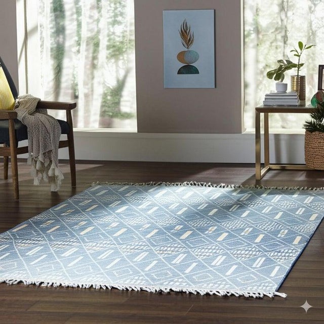 Textile 8x12 Blue Hand-Knotted Wool Linear Diamond Grid Tribal Modern Carpet Rug For Sale - Image 7 of 7