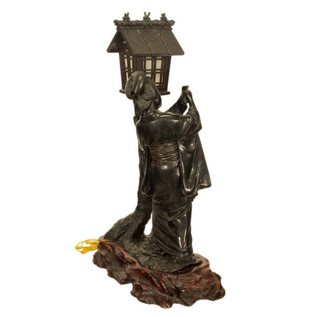 Antique Japanese Meiji Period Cast Bronze Geisha Statue Figure Lamp Signed 1890 For Sale - Image 4 of 16