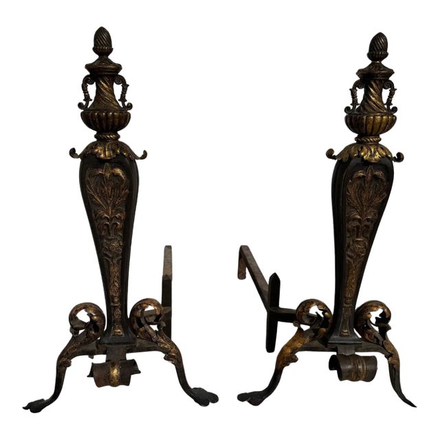 Pair of Early 19th Century Italian Gilt Wrought Iron Acanthus Andirons For Sale
