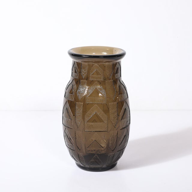 Art Deco Art Deco Signed Daum Acid-Etched Smoked Glass Vase W/ Geometric Motif For Sale - Image 3 of 10