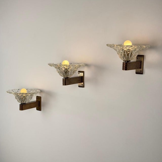 An exceptional and rare set of two Murano wall sconces designed by Ercole Barovier for Barovier & Toso, circa 1940. Each...