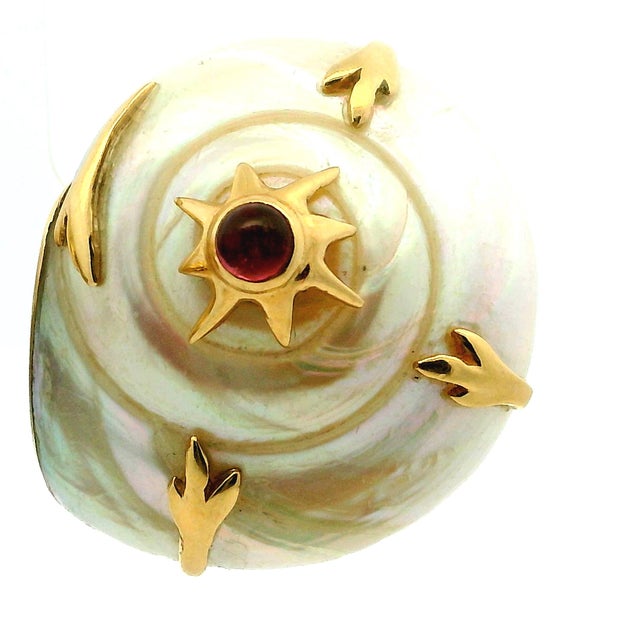 Antique White 1970s Pair of Maz 14k Gold Carved Conch Shell Earrings With Pink Tourmaline Sunburst Centers, French Backs For Sale - Image 8 of 9