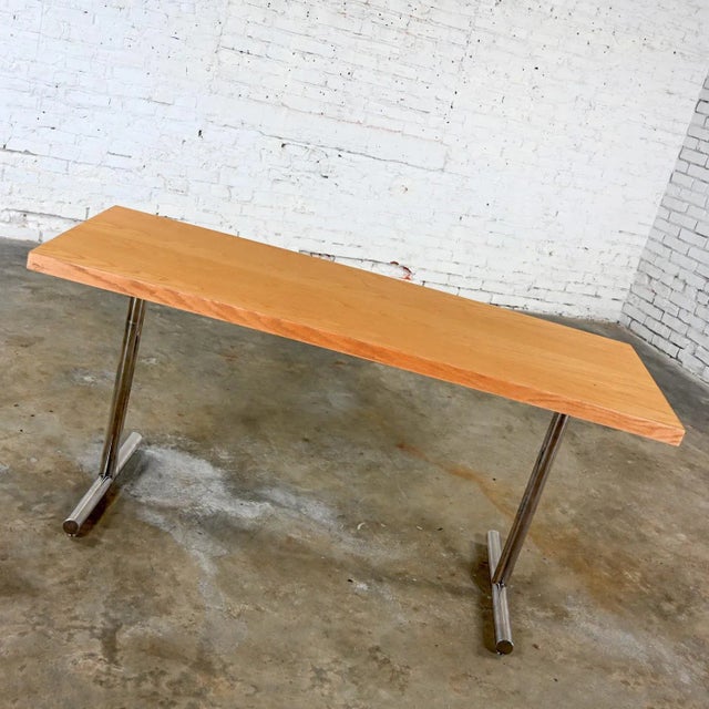 Mid-Century Modern Mid-20th Century MCM Swiss Omega Blonde Oak Dining Table Attributed to Hans Eichenberger With Chrome T Shape Legs For Sale - Image 3 of 12