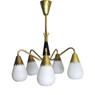 Scandinavian Ceiling Lamp in Brass and Opaline Glass, 1950s For Sale