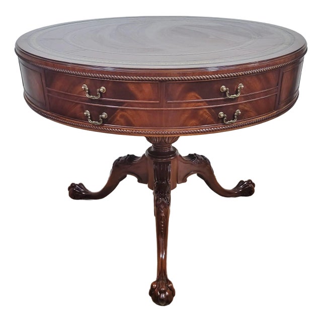 Vintage Weiman Heirloom Mahogany & Gilt Tooled Leather Top Drum Table For Sale