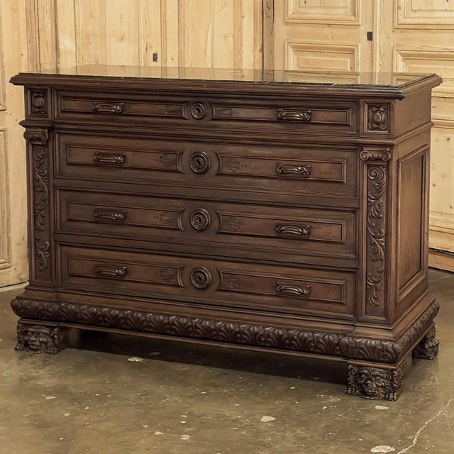 Antique Italian Renaissance Revival Walnut Nero Portoro Marble Top Commode For Sale In Dallas - Image 6 of 18