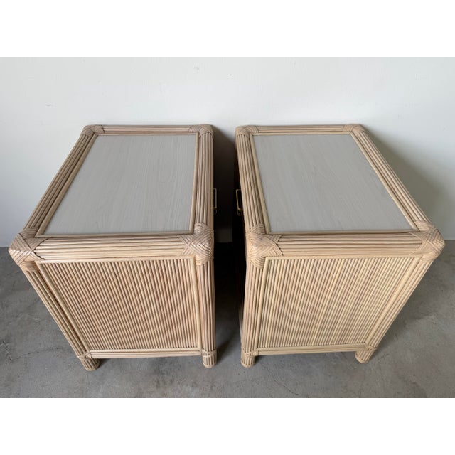 Beige Vintage Coastal Rattan & Leather Top One-Drawer Nightstands – A Pair For Sale - Image 8 of 12