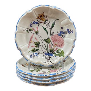 Vintage Rustic European Faïence Hand Painted Floral Pottery Plates - Set of 5 For Sale
